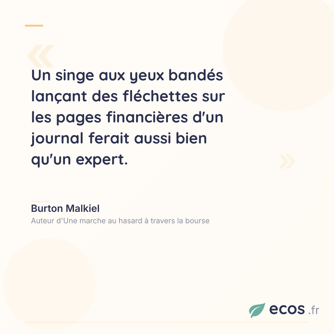 Citation de Burton Malkiel : Un singe aux yeux bandés lançant des fléchettes sur les pages financières d'un j...
